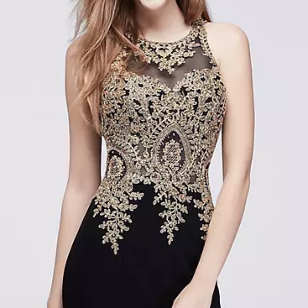 Xscape Women's Black Embroidered Soutache Illusion Gown Dress Size 2 - Picture 3 of 6